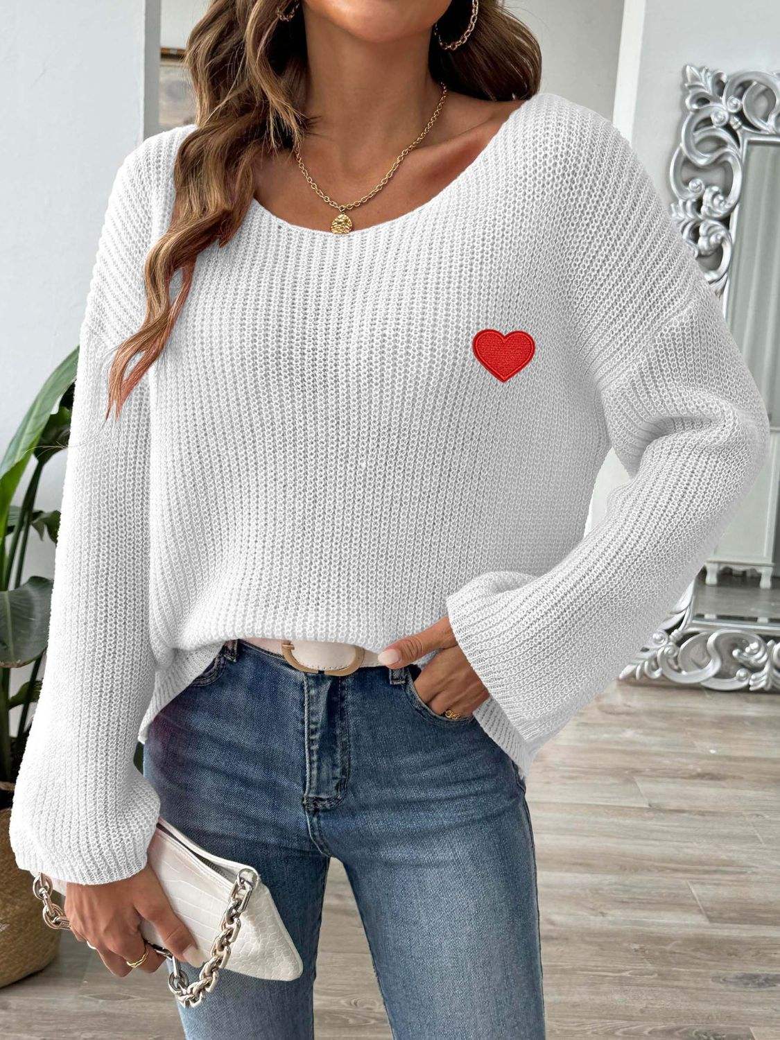Heart Boat Neck Dropped Shoulder Sweater - Trendsi - Flyclothing LLC