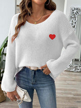 Heart Boat Neck Dropped Shoulder Sweater - Trendsi - Flyclothing LLC