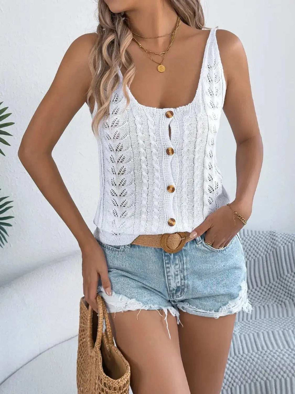 Cable-Knit Button Down V-Neck Sweater Vest - Trendsi - Flyclothing LLC