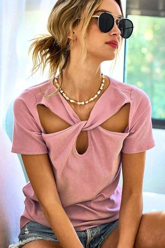 BiBi Rib Knit with Cut Out and Front Twist Detailed Top - Trendsi - Flyclothing LLC