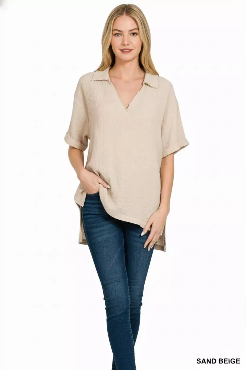 Zenana Double Gauze Short Sleeve High-Low Top - Trendsi - Flyclothing LLC