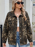 Pocketed Leopard Long Sleeve Denim Jacket - Trendsi