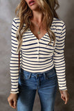 Striped V-Neck Long Sleeve Top - Trendsi - Flyclothing LLC