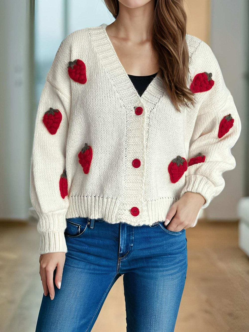 Crochet Strawberry V-Neck Long Sleeve Cardigan - Trendsi - Flyclothing LLC