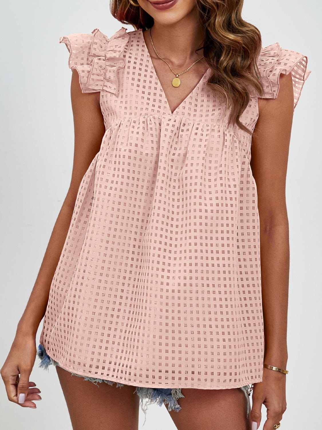 Ruched V-Neck Cap Sleeve Blouse - Trendsi