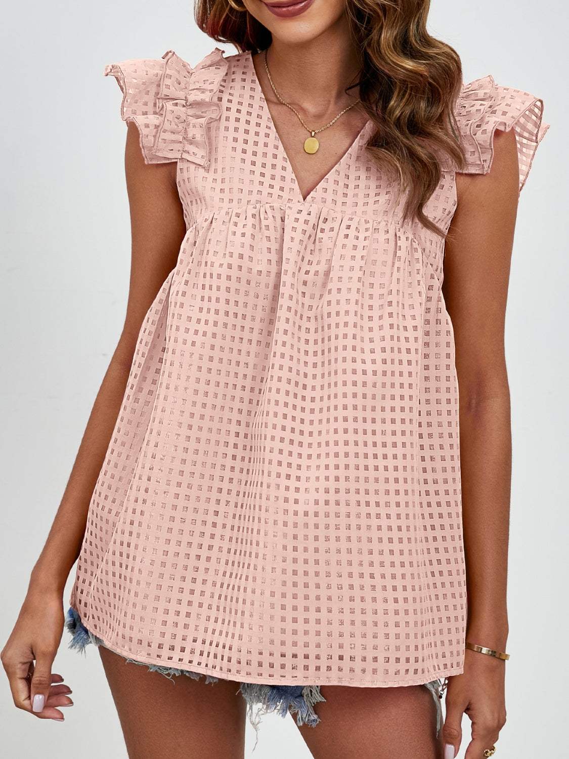 Ruched V-Neck Cap Sleeve Blouse - Trendsi - Flyclothing LLC