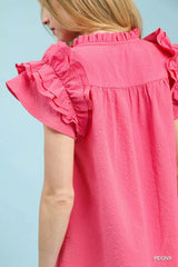 Umgee Textured Ruffle Sleeve Notched Top - Trendsi - Flyclothing LLC