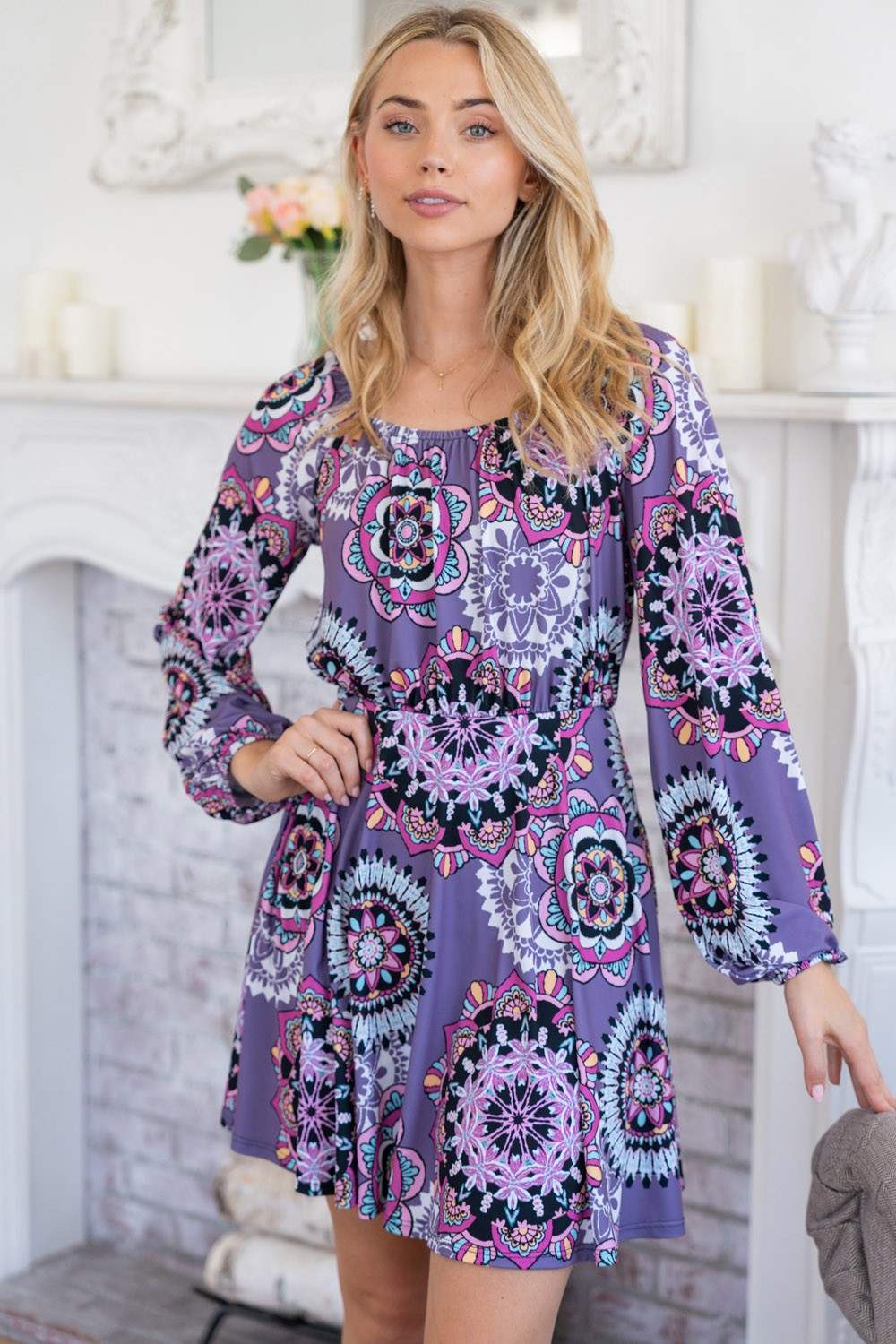 White Birch Printed Long Sleeve Mini Dress with Short Liner - Trendsi - Flyclothing LLC