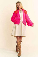Davi & Dani Floral Applique Open Front Drop Shoulder Cardigan - Trendsi - Flyclothing LLC