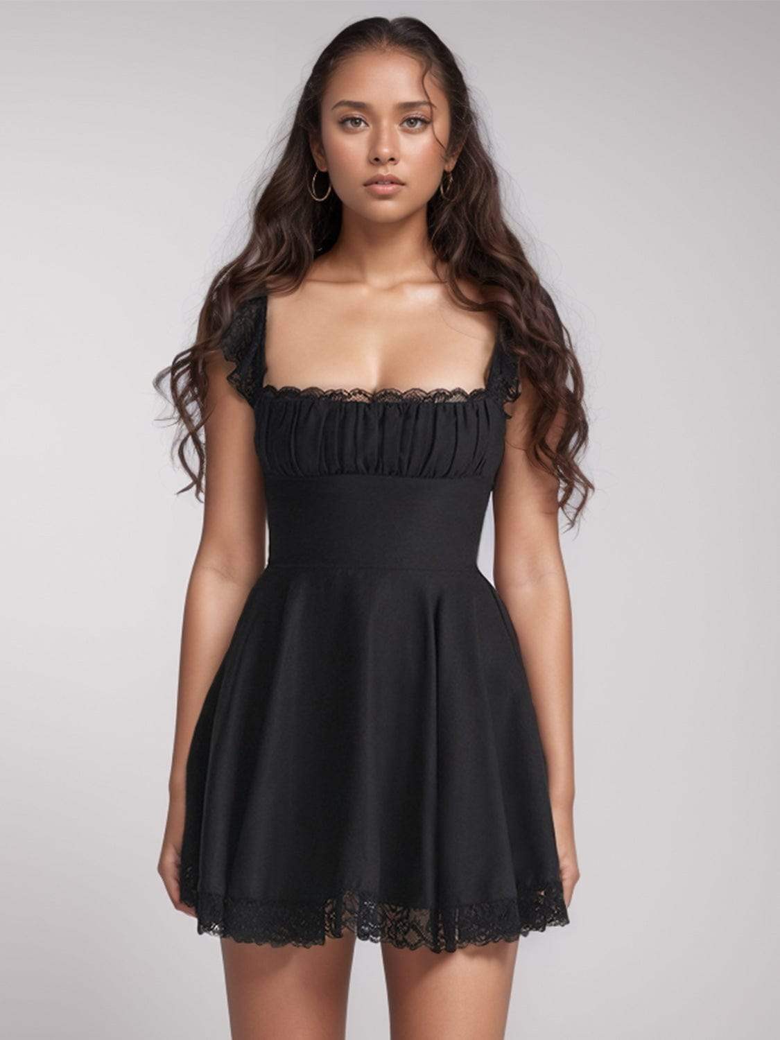 Lace Detail Square Neck Cap Sleeve Mini Dress - Trendsi - Flyclothing LLC
