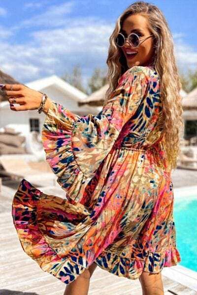 Printed Flare Sleeve Ruffled Hem Dress - Trendsi - Flyclothing LLC