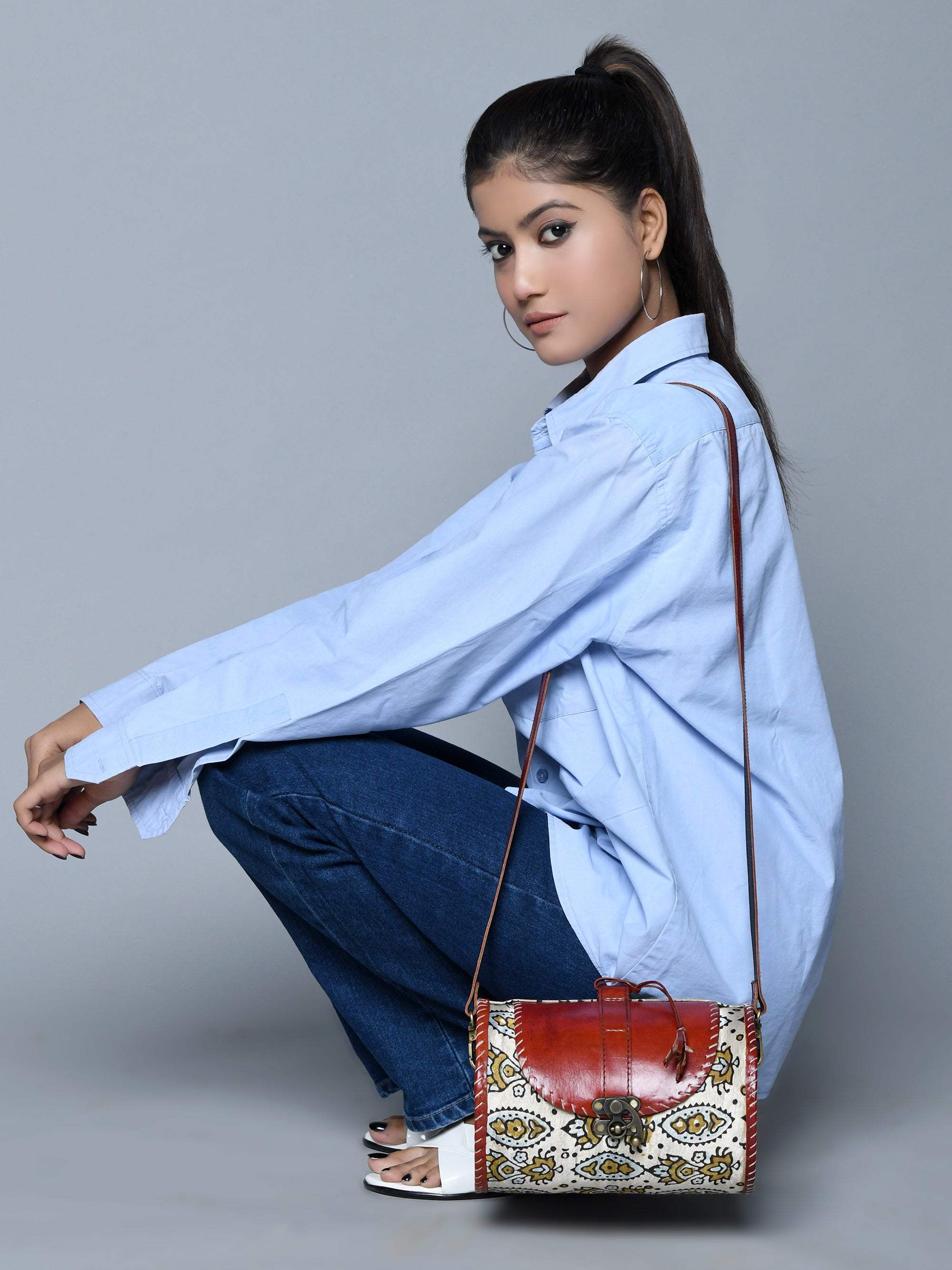 Cylindrical Block Printed Leather Bag - Classy Leather Bags - Flyclothing LLC