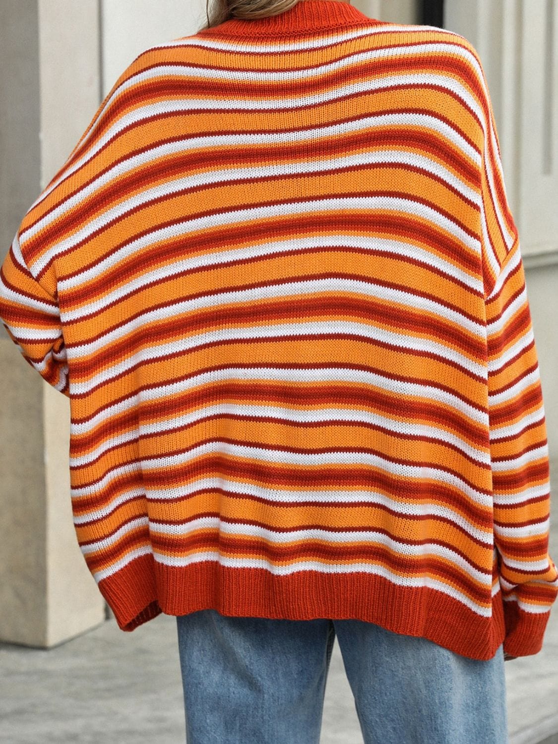 Striped Mock Neck Long Sleeve Sweater - Trendsi