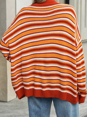 Striped Mock Neck Long Sleeve Sweater - Trendsi