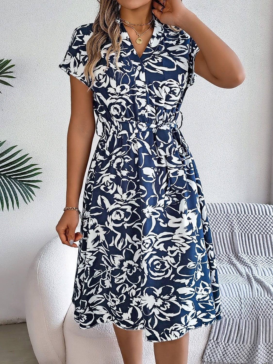 Printed V-Neck Short Sleeve Dress - Trendsi