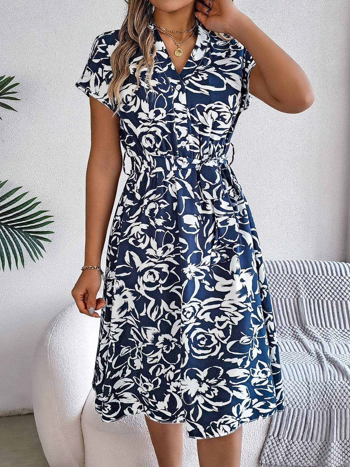 Printed V-Neck Short Sleeve Dress - Trendsi - Flyclothing LLC