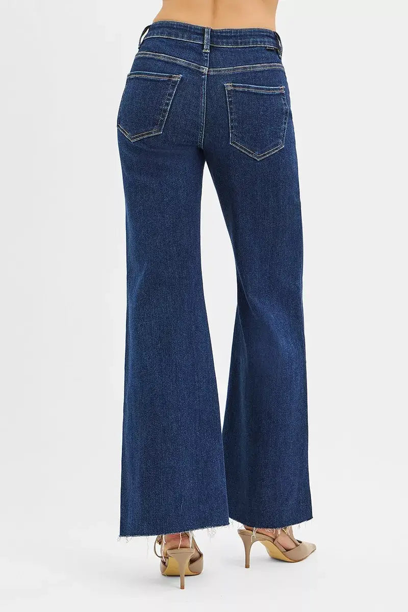 RISEN High Rise Wide Flare Jeans with Front Leather Pocket Detail - Trendsi - Flyclothing LLC