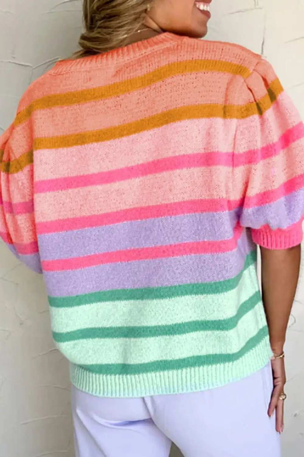 Striped Round Neck Half Sleeve Sweater - Trendsi - Flyclothing LLC