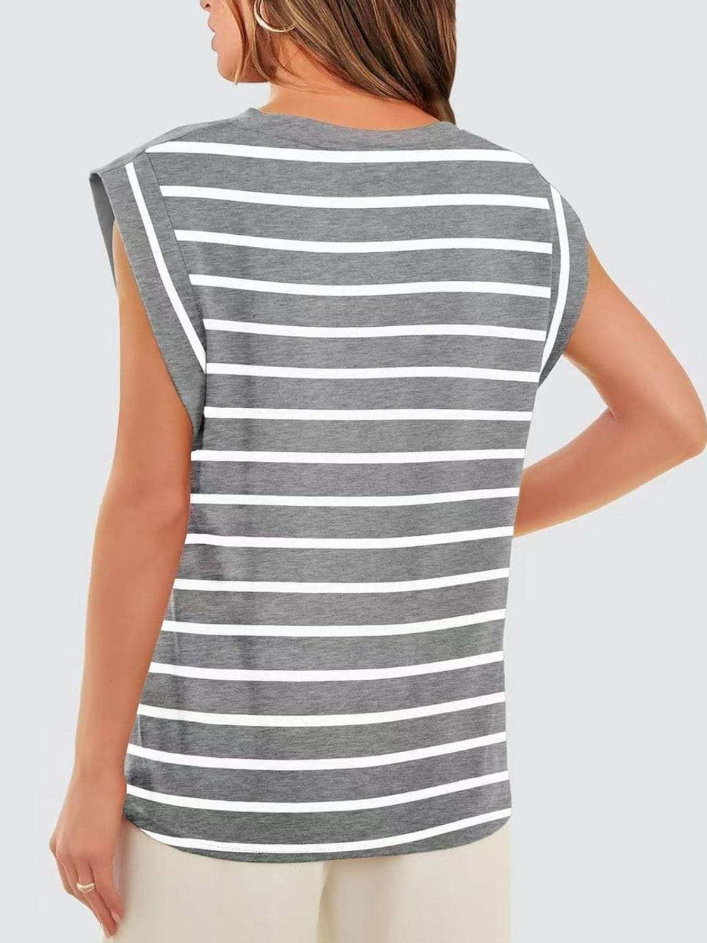 Florira Striped Round Neck Cap Sleeve T-Shirt - Trendsi - Flyclothing LLC