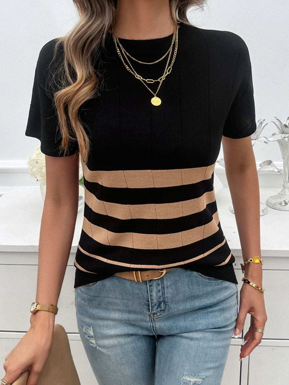 Striped Round Neck Short Sleeve Knit Top - Trendsi - Flyclothing LLC