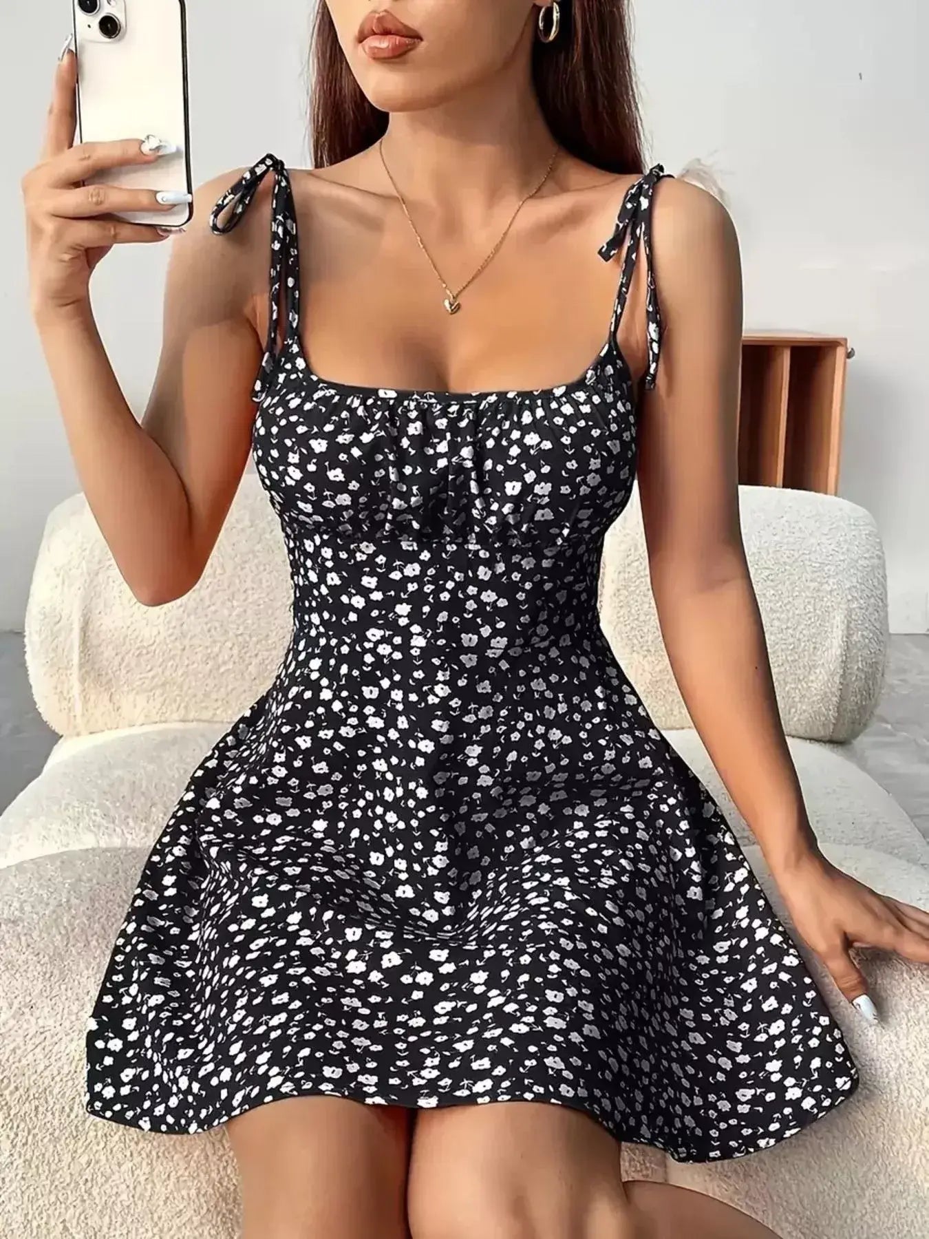 Floral Print Tie Strap Mini Dress - Trendsi - Flyclothing LLC