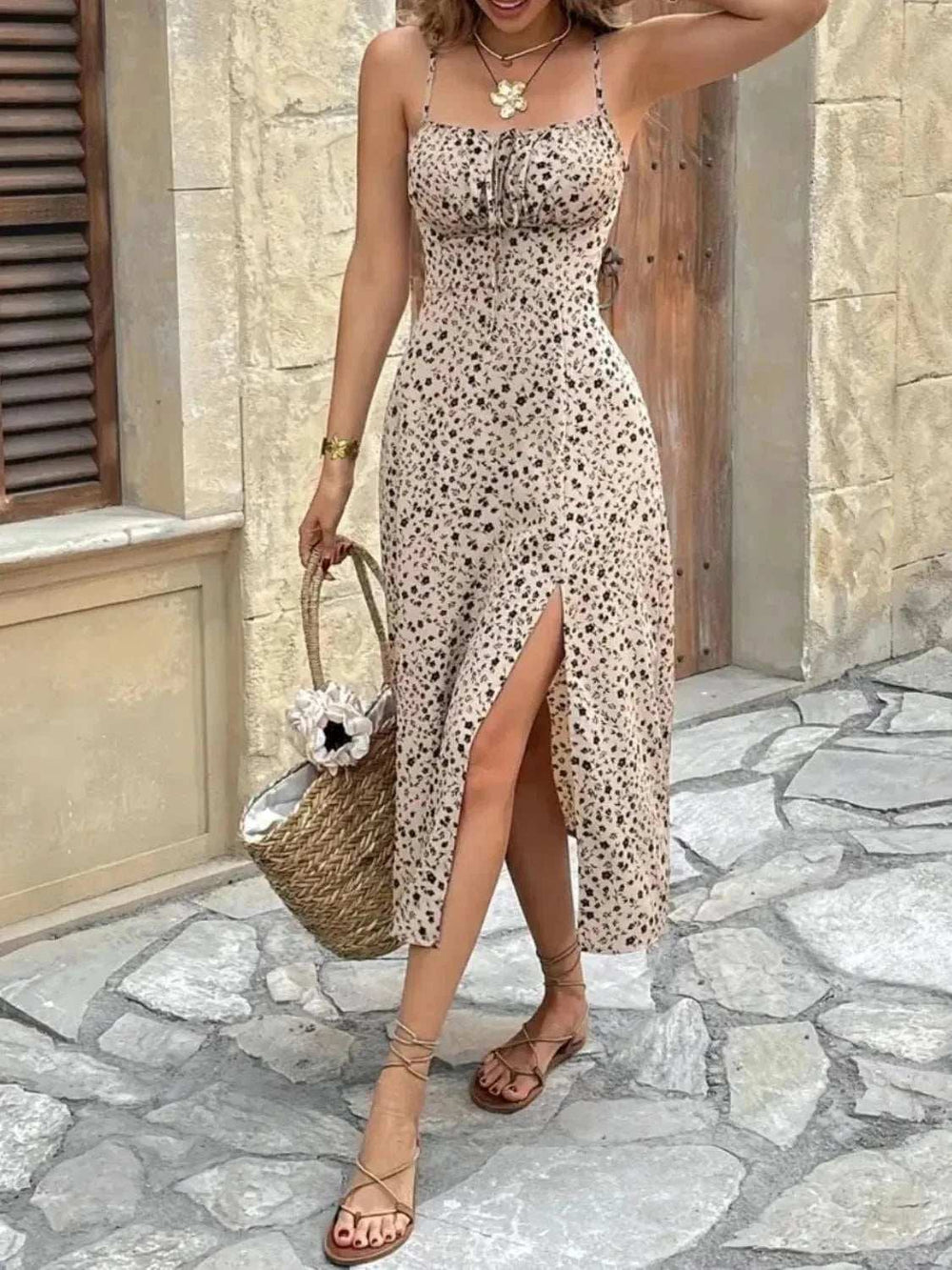 Slit Square Neck Midi Cami Dress - Trendsi - Flyclothing LLC