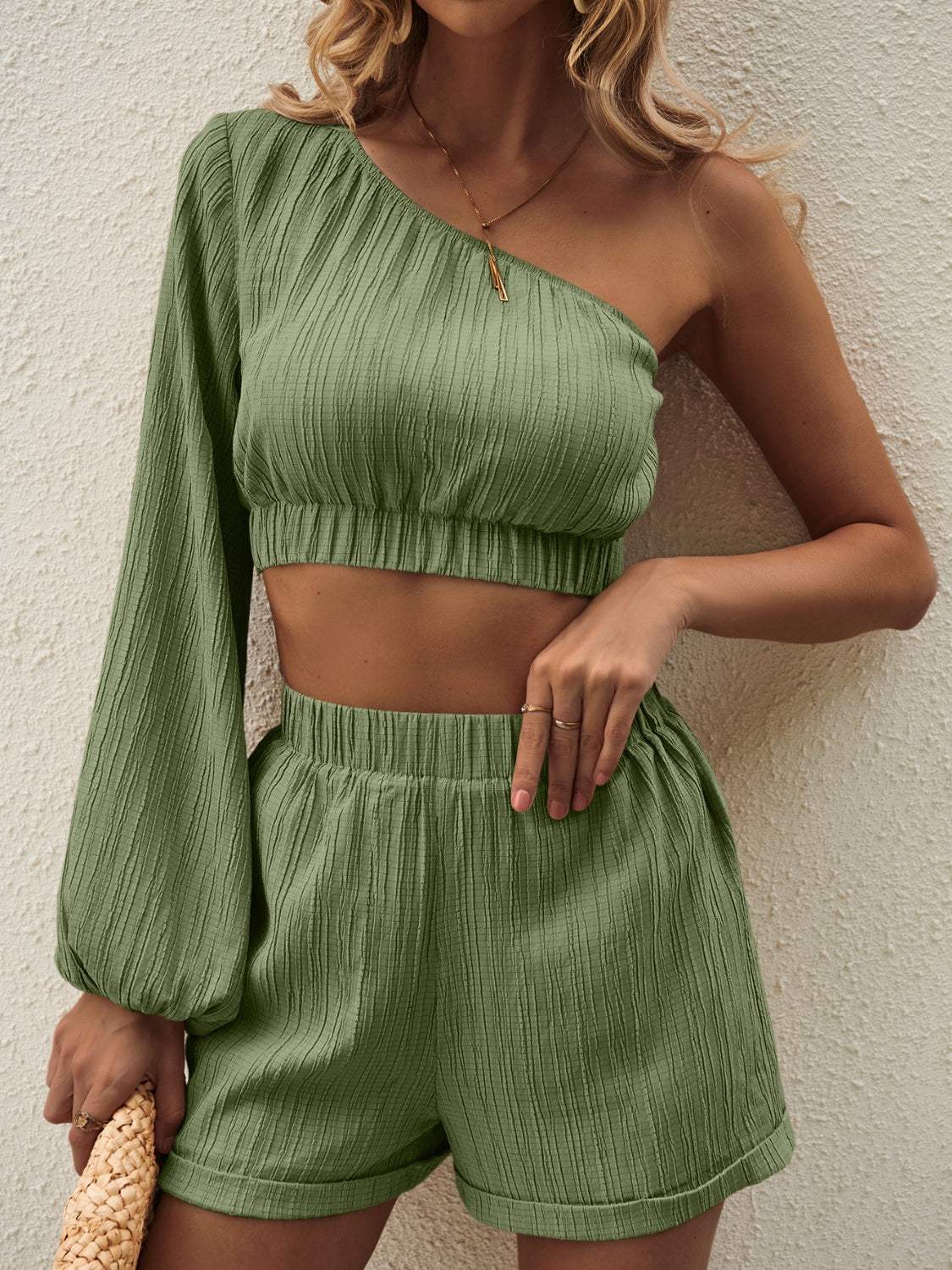 One Shoulder Long Sleeve Top and Shorts Set - Trendsi - Flyclothing LLC