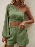 One Shoulder Long Sleeve Top and Shorts Set - Trendsi