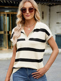 Striped Johnny Collar Cap Sleeve Sweater - Trendsi