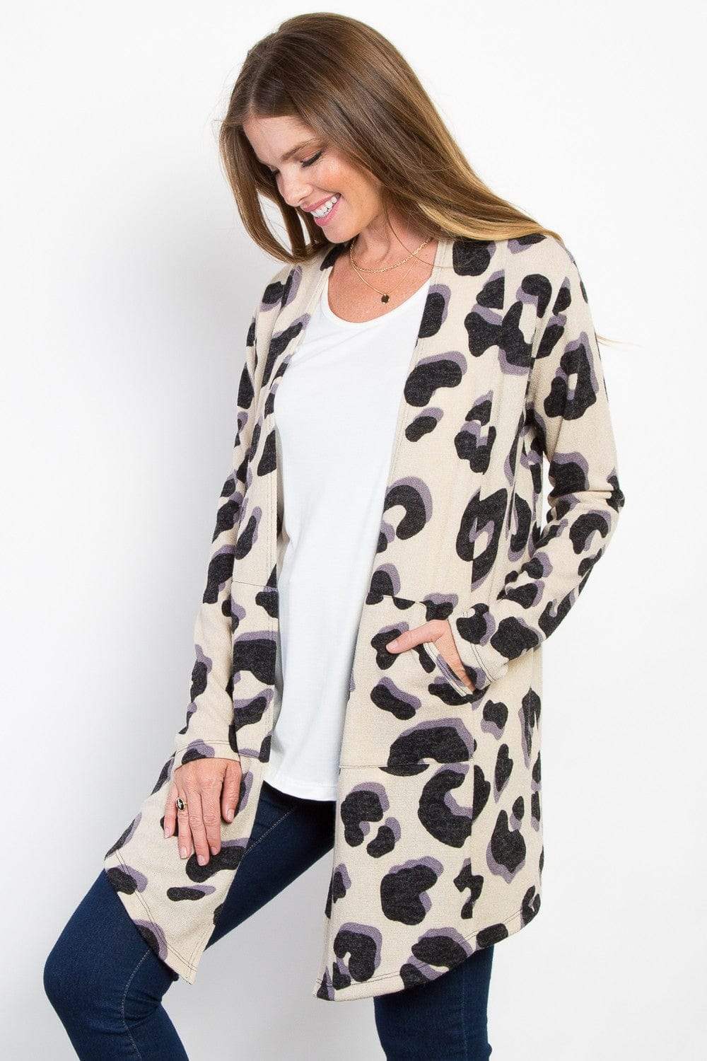 Be Stage Printed Open Front Knit Cardigan with Pockets - Trendsi - Flyclothing LLC