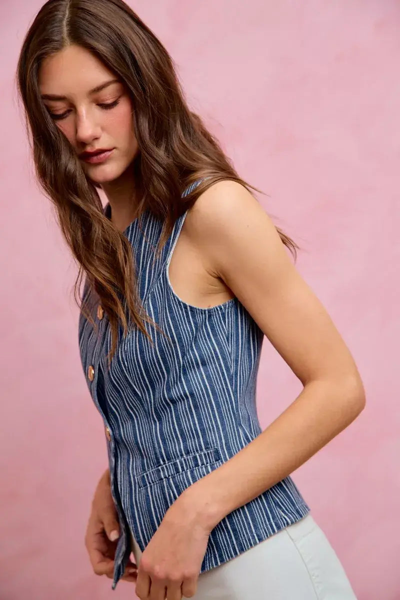 SO ME Stripe Slim Fit Button Front Denim Vest Top - Trendsi - Flyclothing LLC