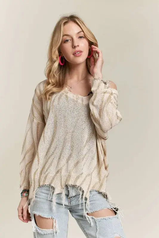 ADORA Frayed Zebra Knit Top - Trendsi - Flyclothing LLC