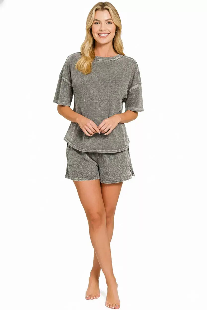 Zenana Halo Snow Washed Short Sleeve Tee and Shorts Set - Trendsi - Flyclothing LLC
