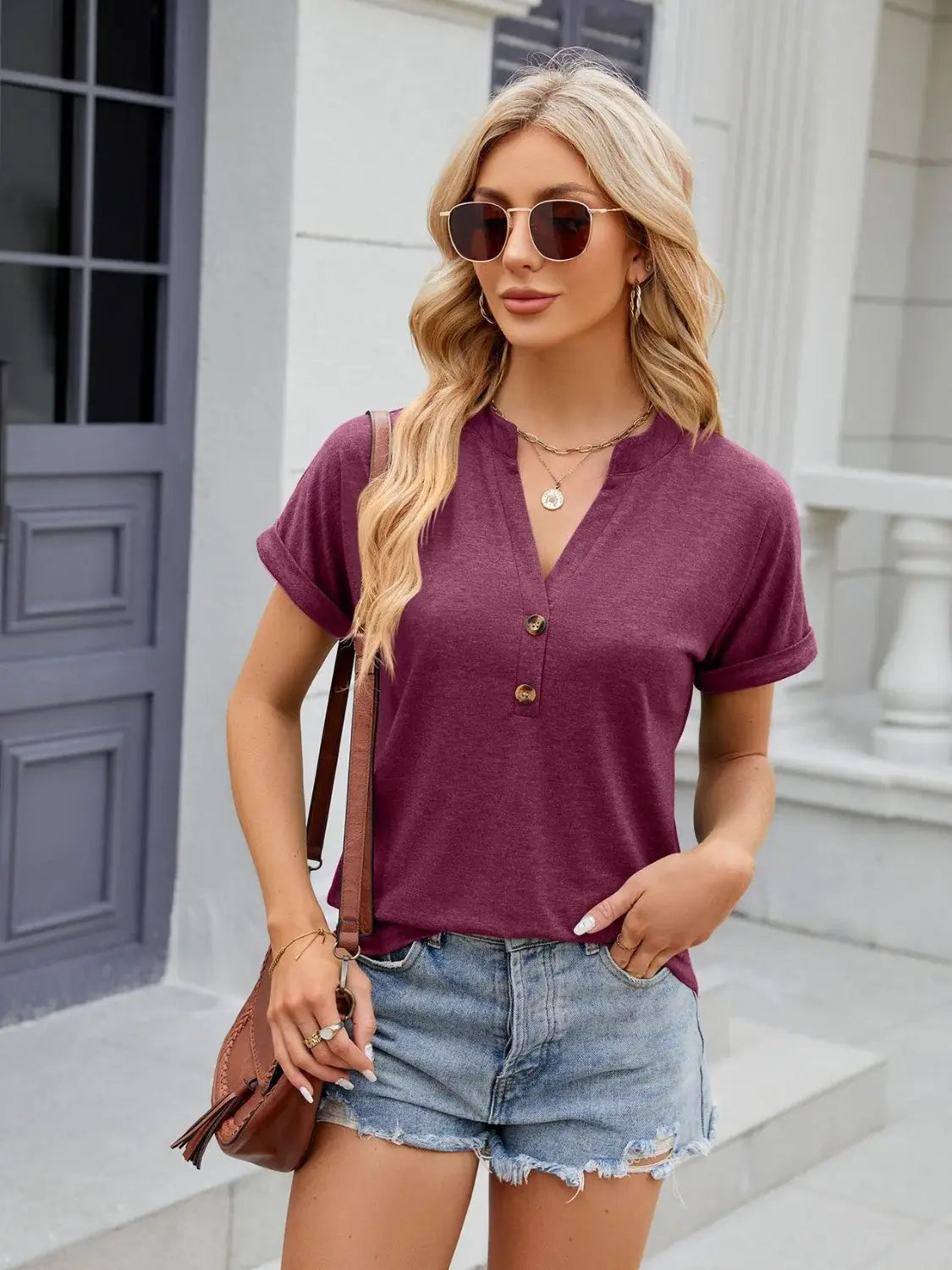 Florira Notched Short Sleeve T-Shirt - Trendsi - Flyclothing LLC