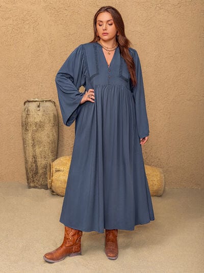 Plus Size Lace Detail Notched Long Sleeve Midi Dress - Trendsi