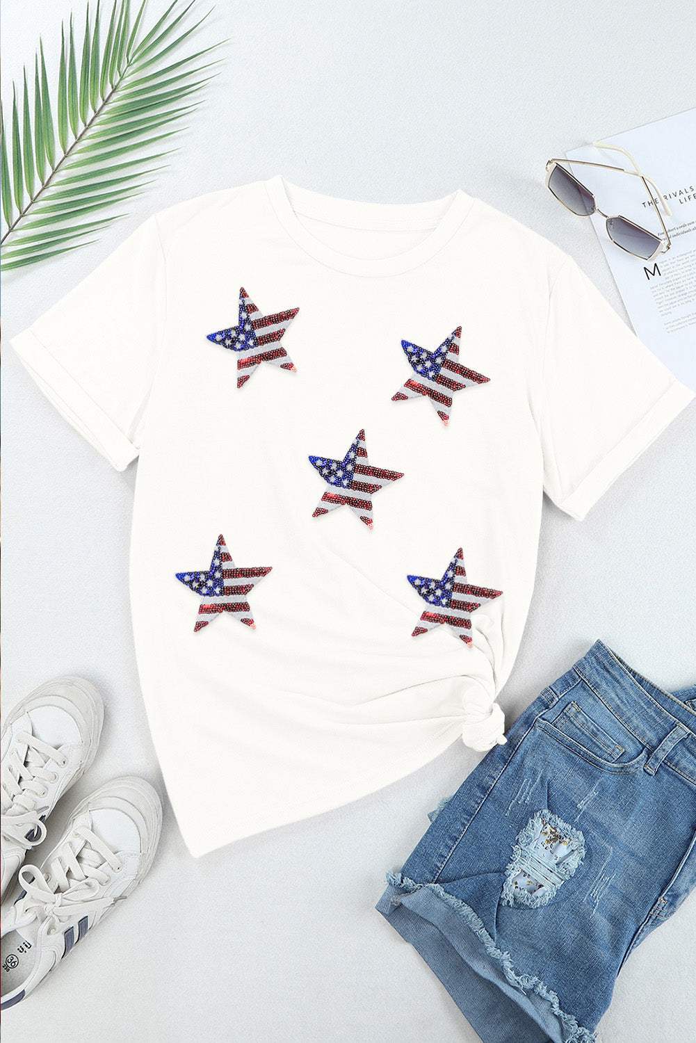 Sequin Star Round Neck Short Sleeve T-Shirt - Trendsi - Flyclothing LLC
