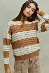 SO ME Openwork Round Neck Wide Stripe Textured Sweater - Trendsi - Flyclothing LLC