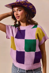 SO ME Mardi Gras Check Plaid Casual Sweater Top - Trendsi - Flyclothing LLC
