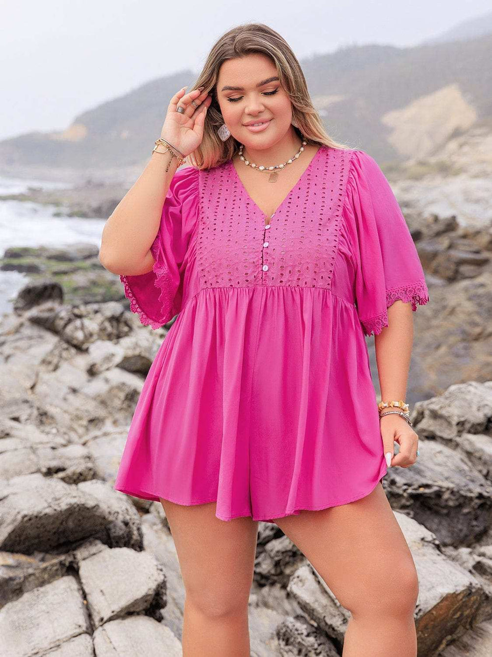 Plus Size Lace Detail V-Neck Half Sleeve Romper - Trendsi - Flyclothing LLC