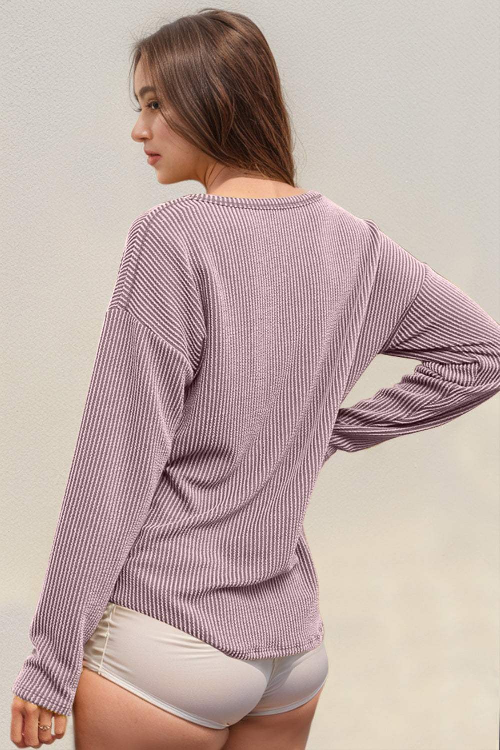 Double Take Striped Notched Long Sleeve T-Shirt - Trendsi - Flyclothing LLC