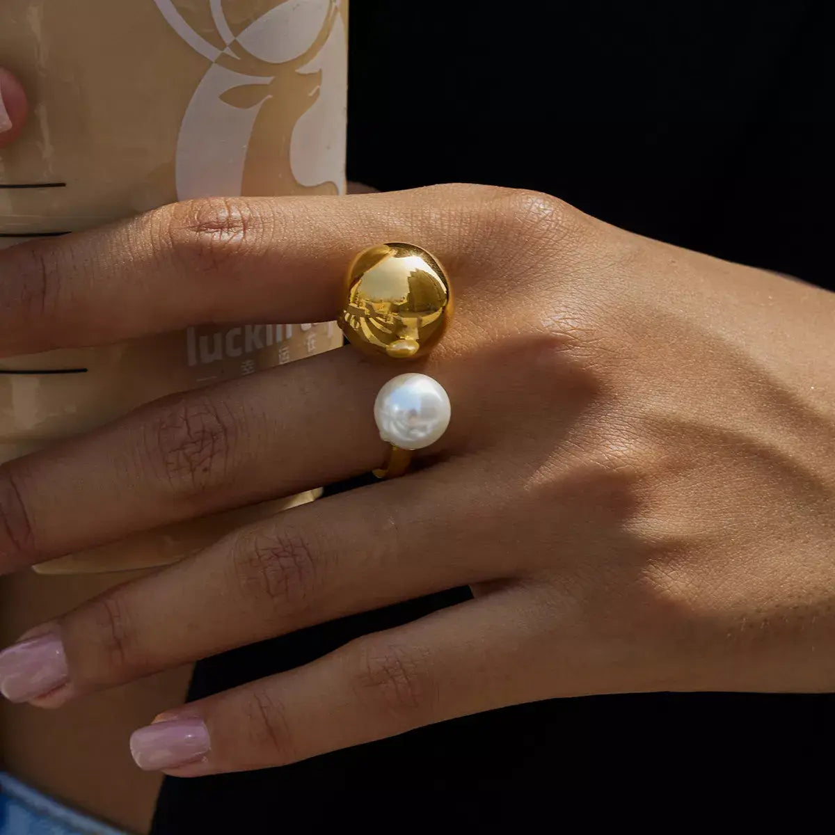 18K Gold-Plated Orb & Pearl Open Ring - Trendsi - Flyclothing LLC