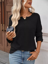 Striped Notched Long Sleeve T-Shirt - Trendsi - Flyclothing LLC