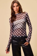 SO ME Plaid Mesh Knit Long Sleeve Top with Thumb Opening - Trendsi - Flyclothing LLC