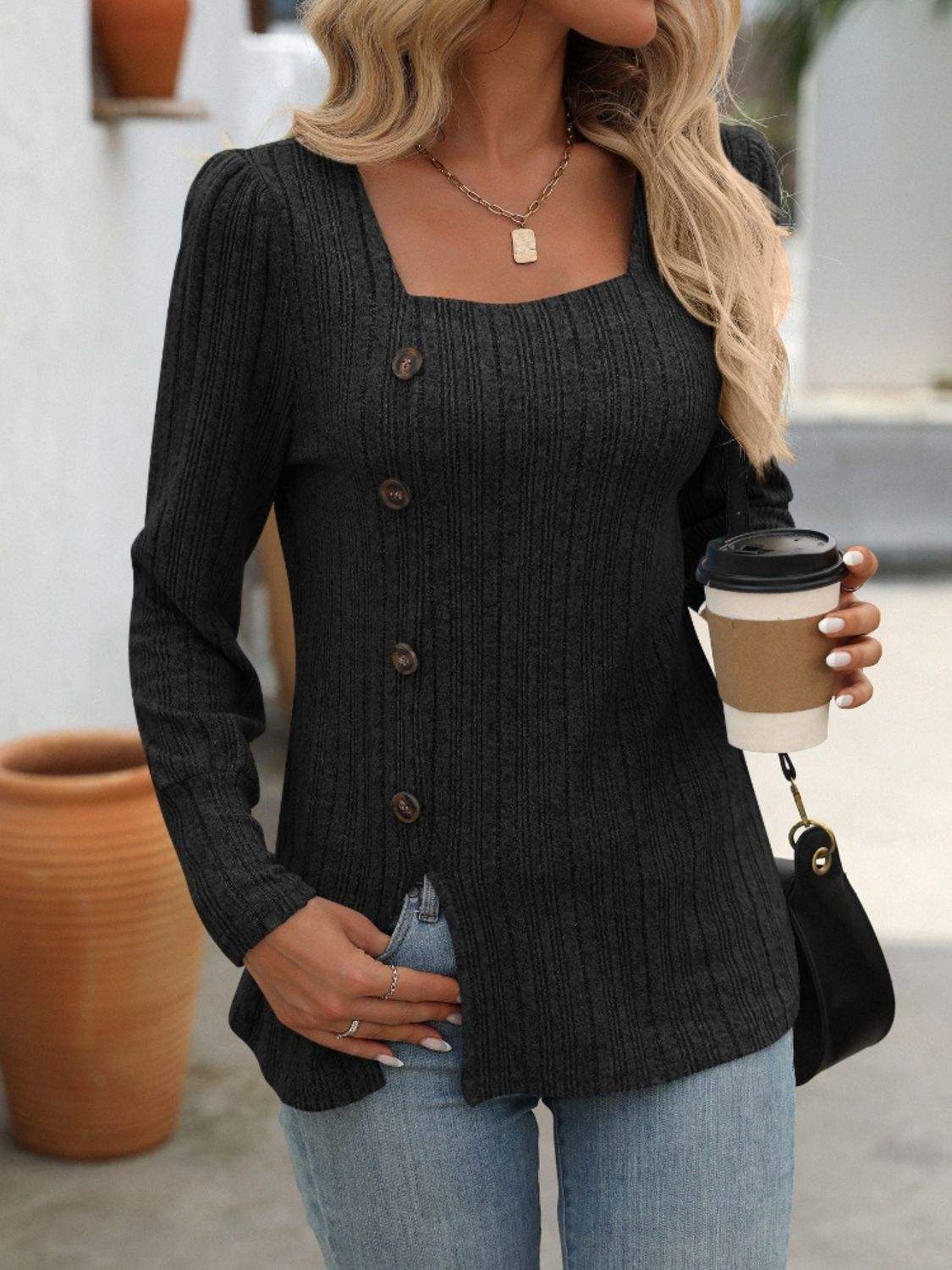 Decorative Button Striped Square Neck Long Sleeve T-Shirt - Trendsi - Flyclothing LLC