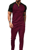 Men's Full Size Waffle-Knit Contrast Top and Drawstring Pants Set Plus Size - Trendsi - Flyclothing LLC