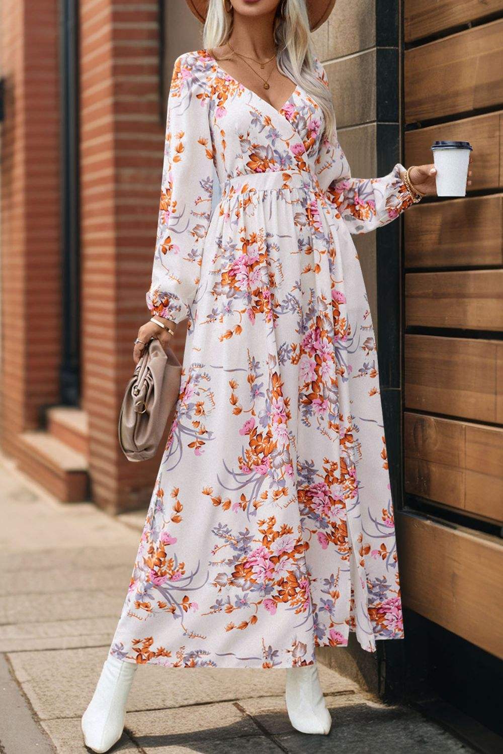 Slit Printed Surplice Long Sleeve Maxi Dress - Trendsi - Flyclothing LLC