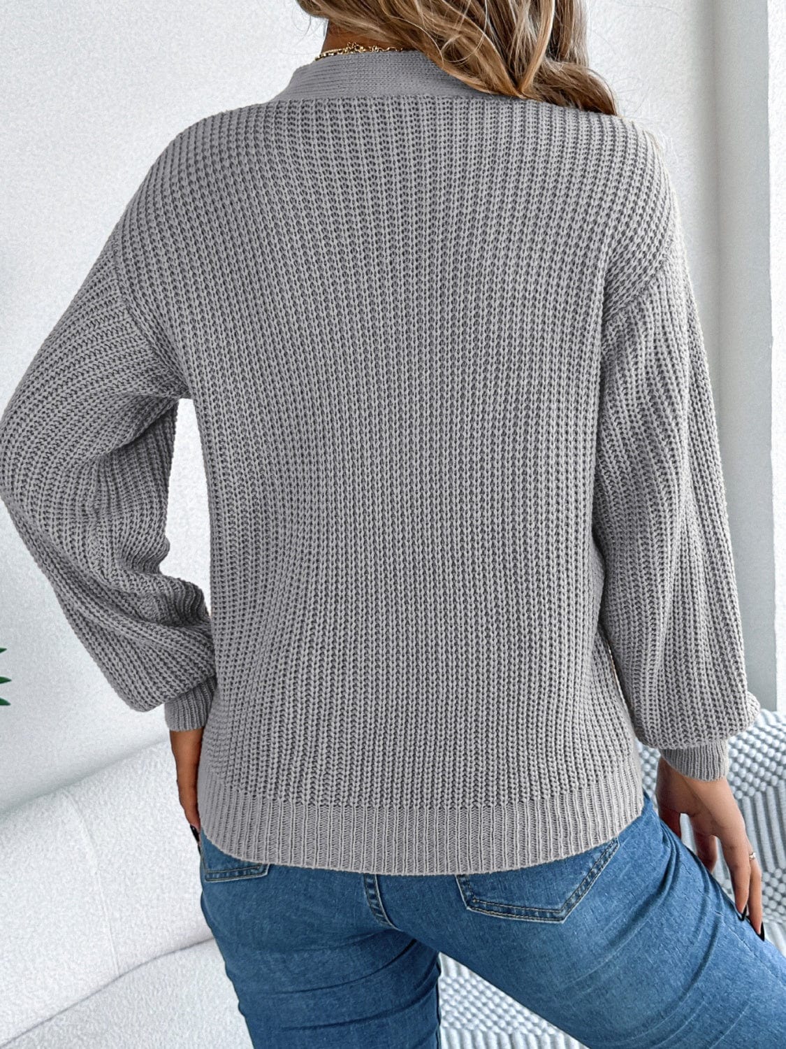 Cutout V-Neck Long Sleeve Sweater - Trendsi