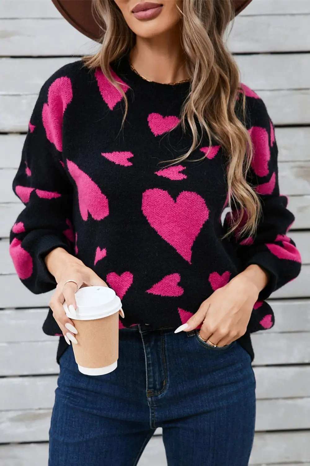 Angel Wings Heart Contrast Round Neck Long Sleeve Sweater - Trendsi - Flyclothing LLC