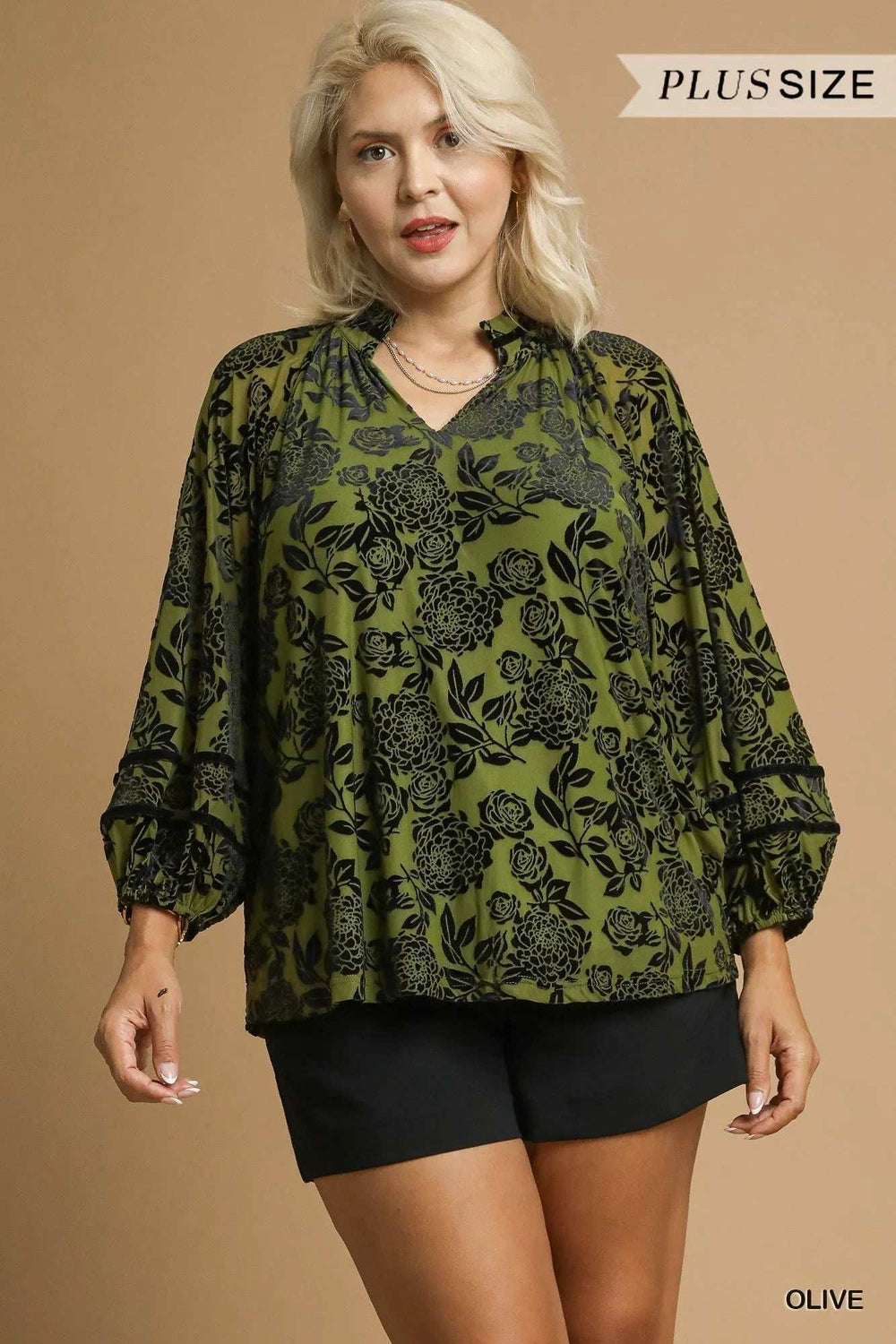 Umgee Full Size Floral Velvet Blouse with Balloon Sleeves Plus Size - Trendsi - Flyclothing LLC