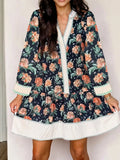 Floral Print Striped Trim V Neck Long Sleeve Ruffle Hem Shift Mini Dress - Trendsi - Flyclothing LLC